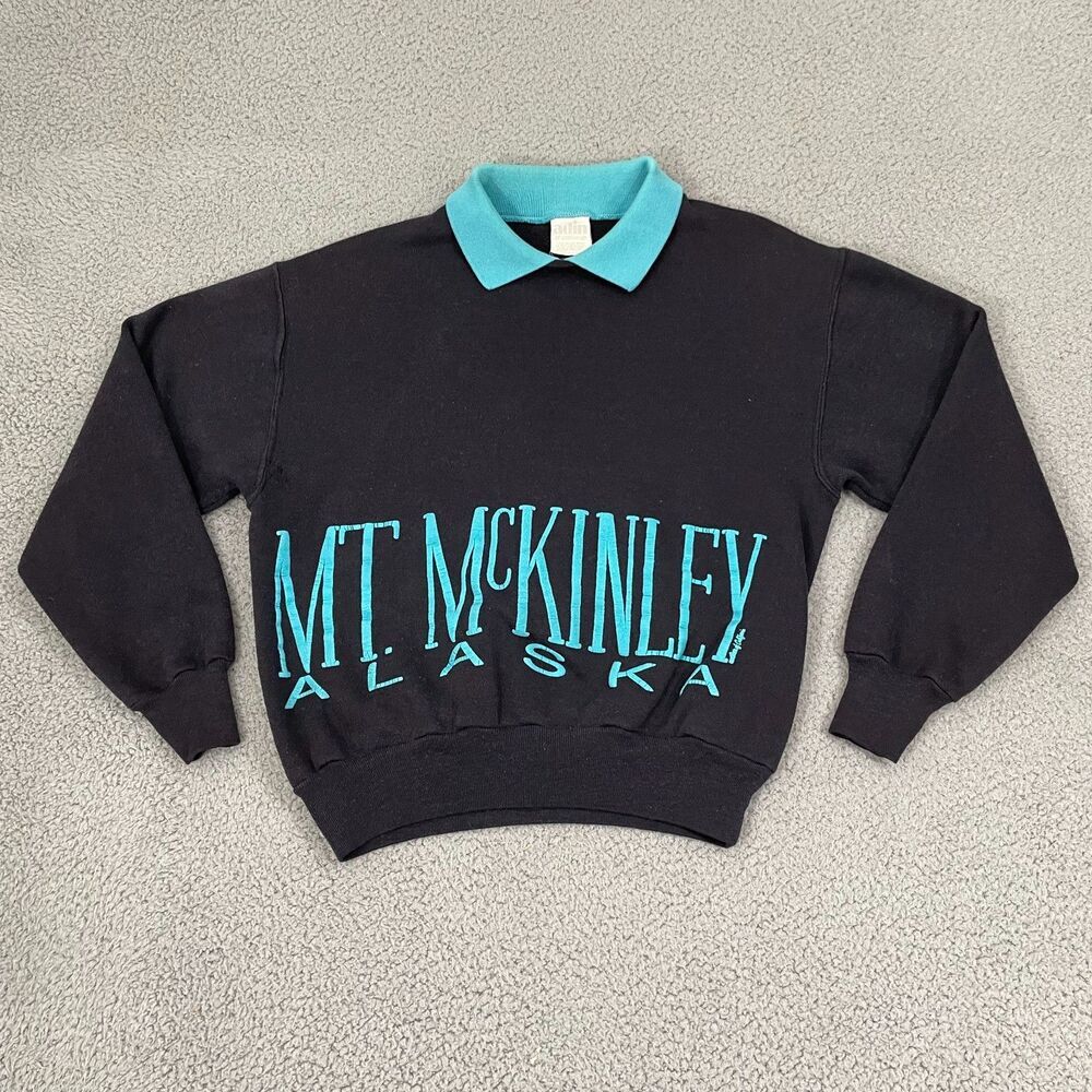 VTG Mt McKinley Alaska Collared Sweatshirt Adult S Black‎ Pullover